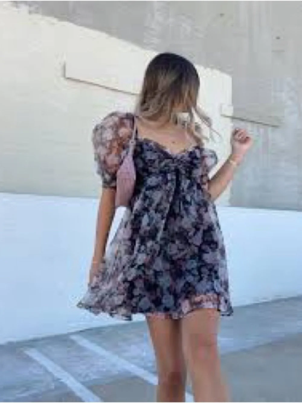 Forever 21 Black Floral Puff-Sleeve Dress with Blue, Purple, and Pink Blooms